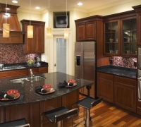 Wooden floor with black tiled dining table