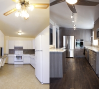 Close kitchen with Tiled floor and wooden floor